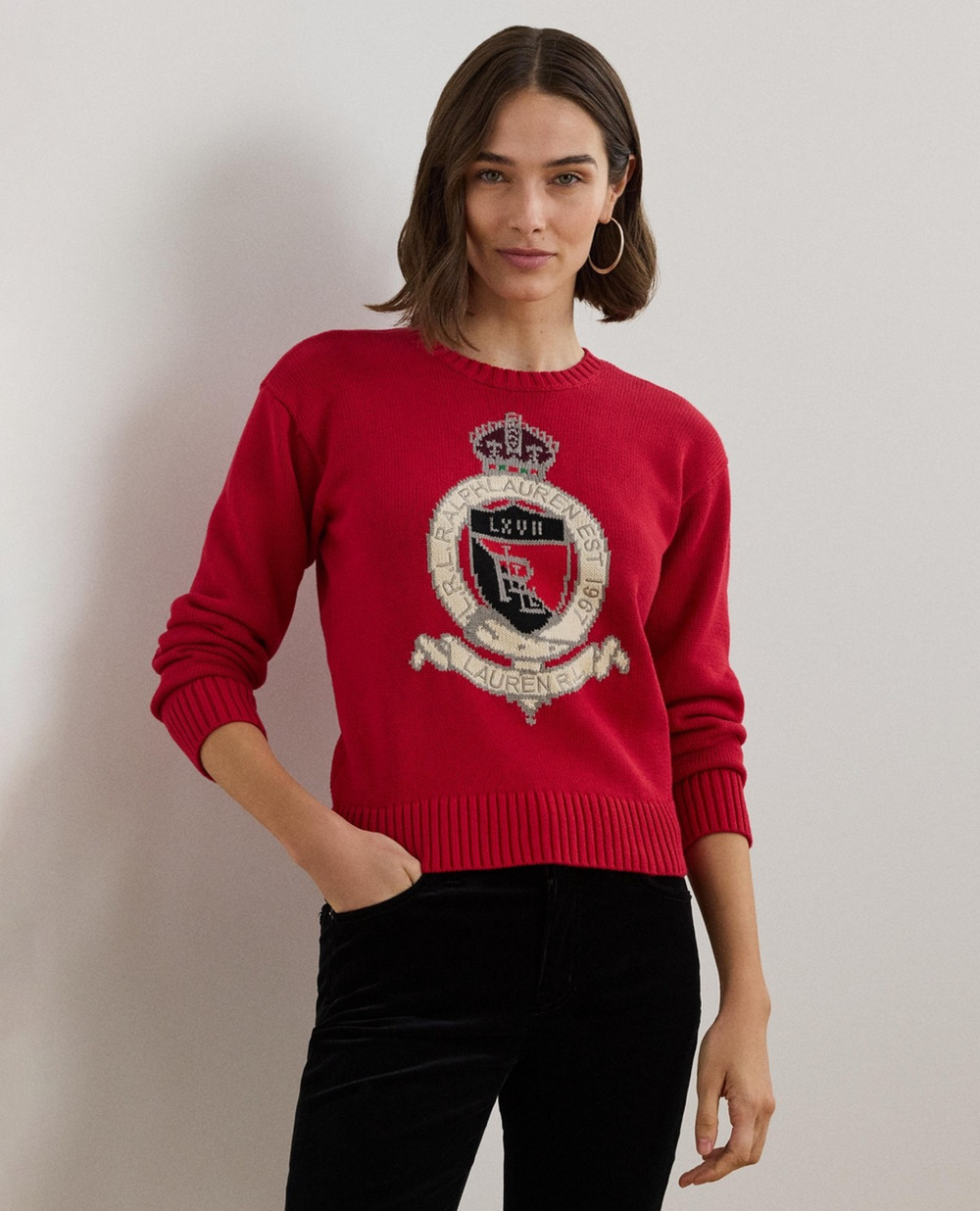Lauren Ralph Lauren Women Intarsia Knit Crest Cotton Sweater Red Petite Size PM
